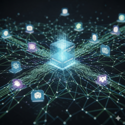 The digital graphic image shows a transparent box in the center with the words "CONTENT MANAGEMENT SYSTEM" on it. The box is surrounded by colorful electrical lines and connection points, connecting to various floating technology icons such as a camera icon, a chip icon, a graph icon, a gear icon, etc., giving the impression of a data network or a central content management system in the digital world. All of this is set against a black background, looking high-tech and futuristic.